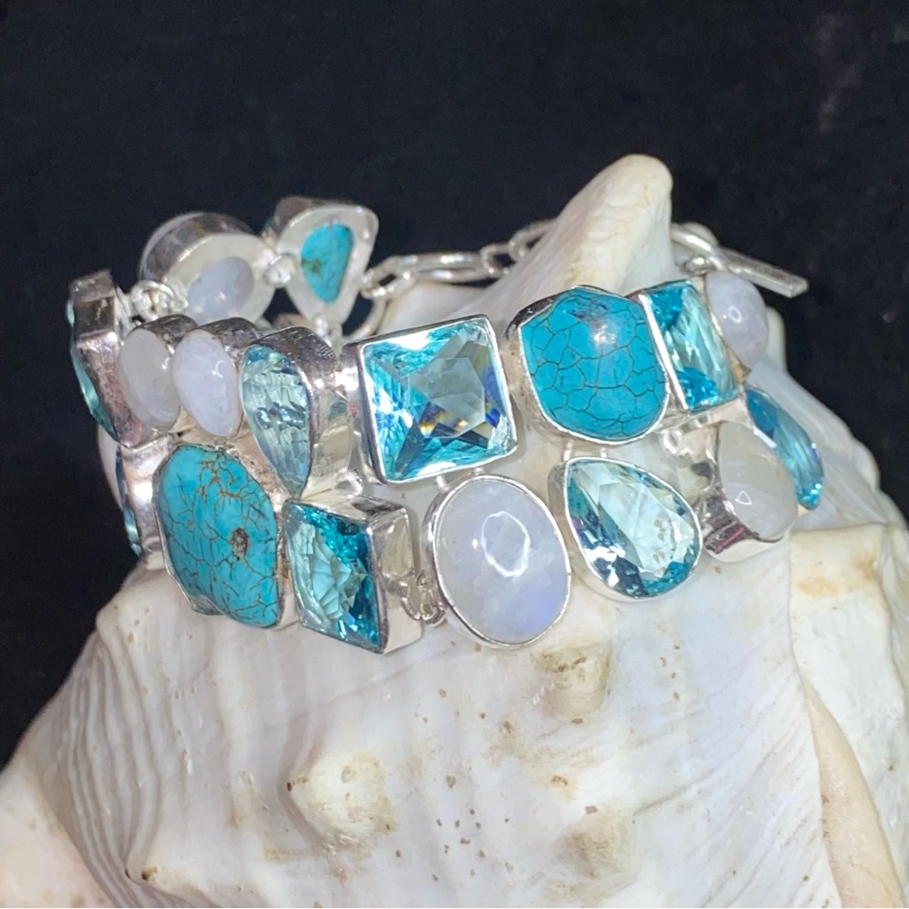 Gorgeous Tibetan Turquoise + Moonstone + Blue Topaz statement cuff bracelet